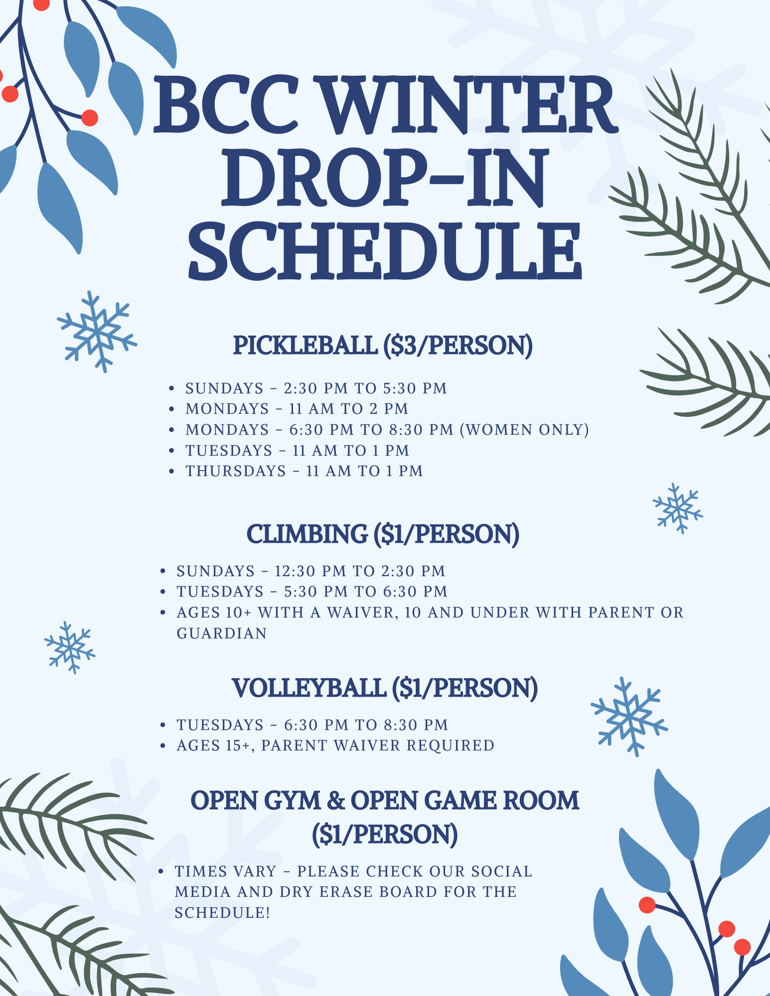 2026 BCC Winter Drop In Schedule